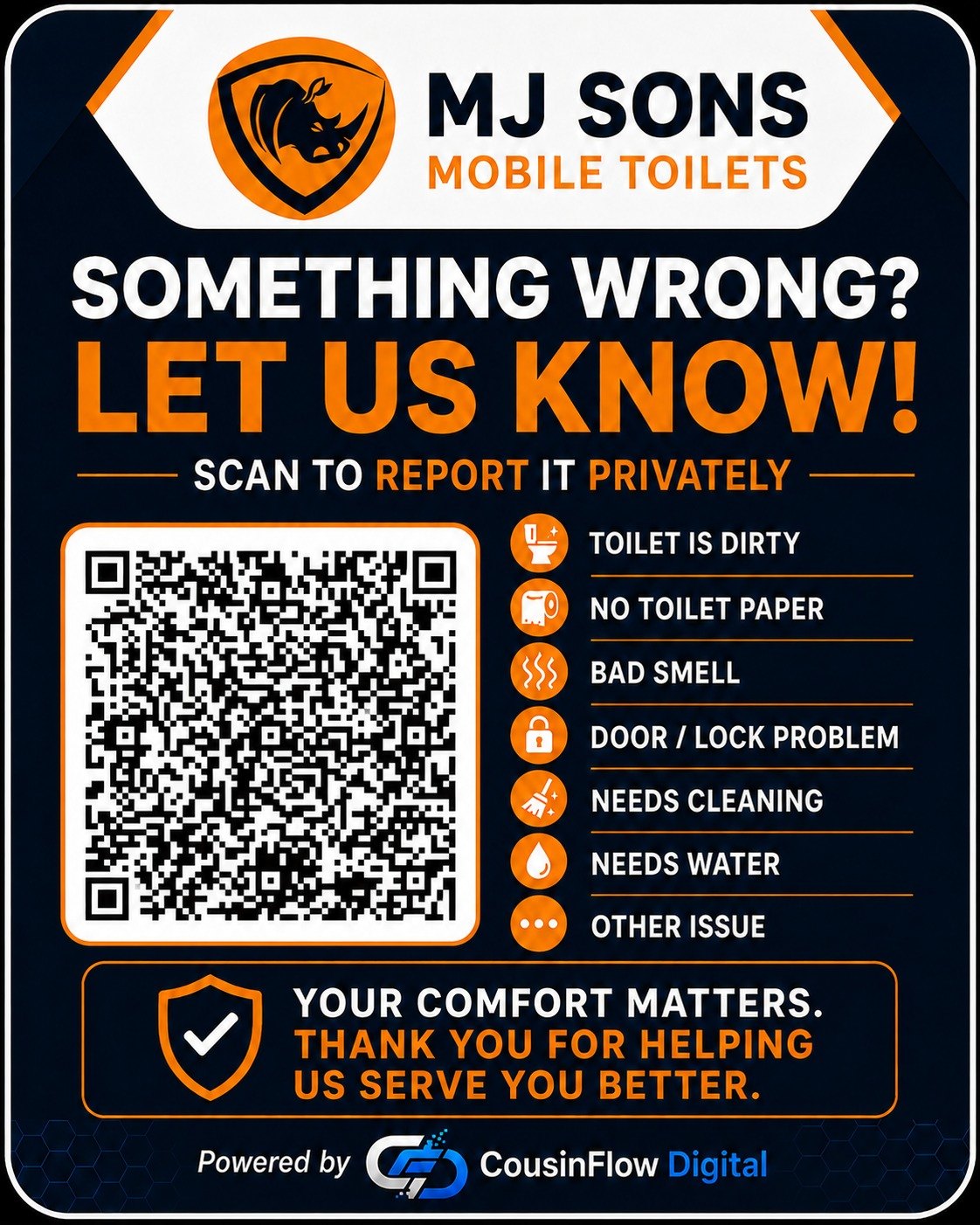 MJ Sons private toilet issue reporting QR sticker