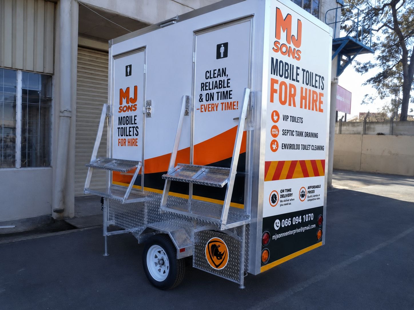 MJ Sons branded VIP mobile toilet trailer